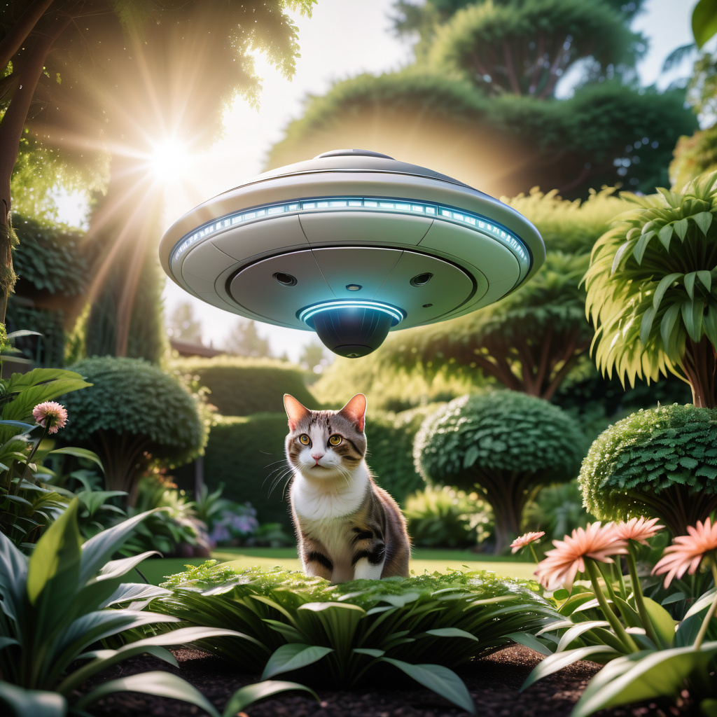 A cat in a lush garden being lifted by a UFO, with dramatic lighting and a sense of wonder.