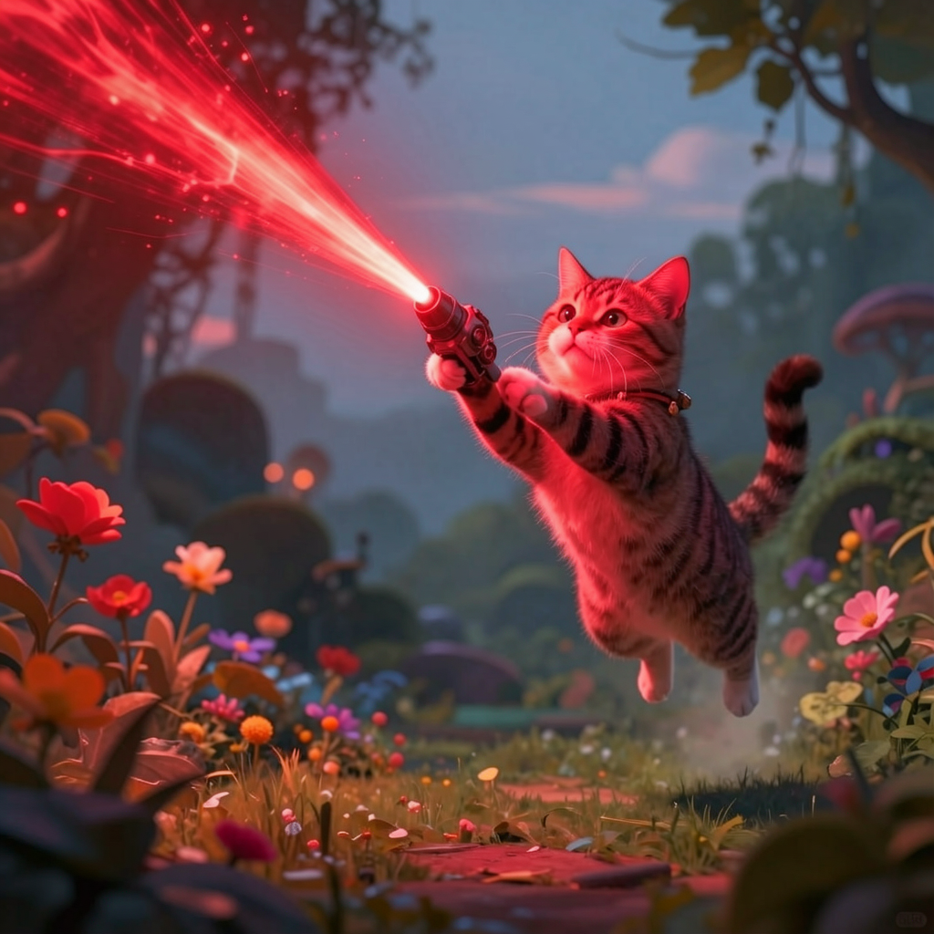 A tabby cat with a red tractor beam in a vibrant garden setting