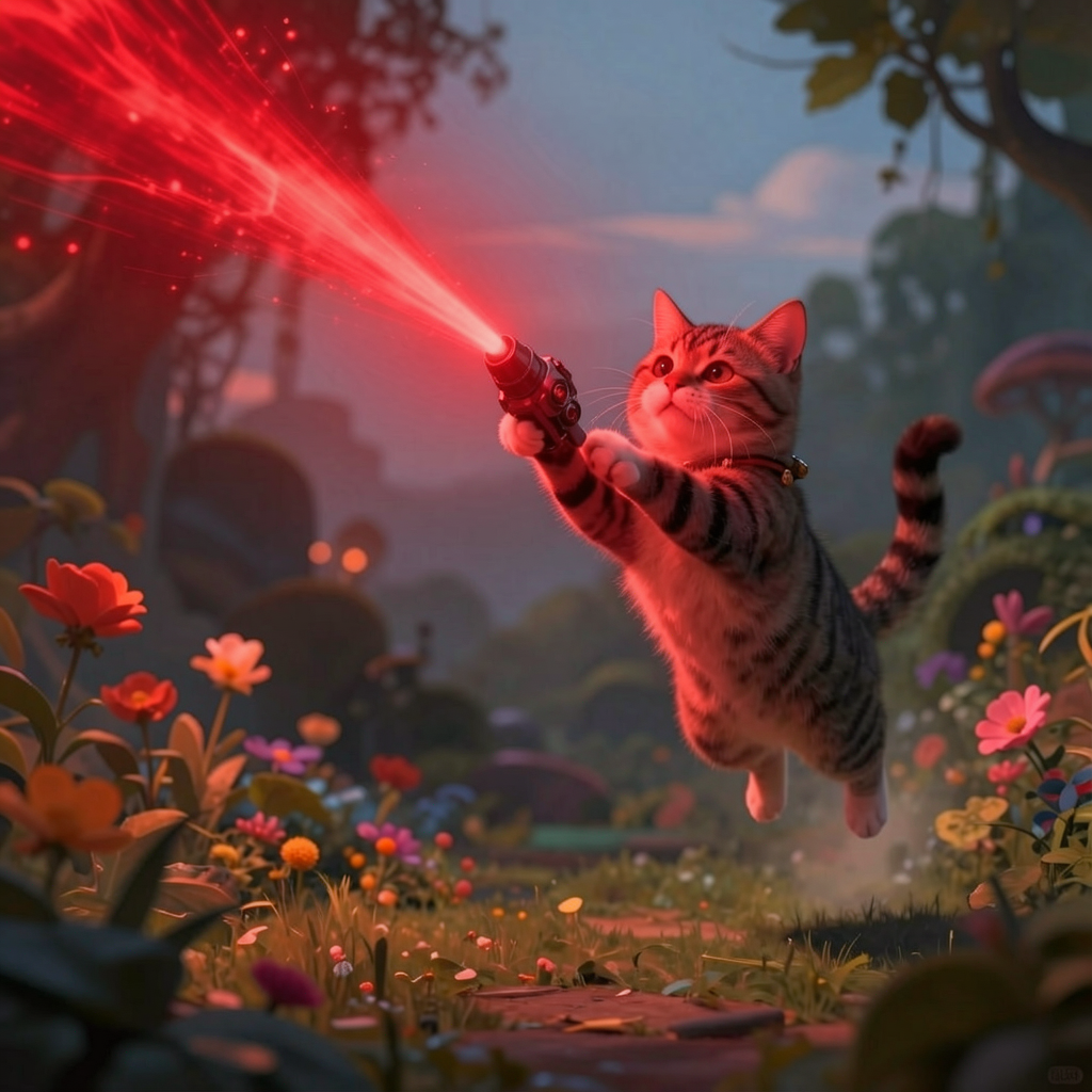 A levitating cat wielding a red beam in a colorful, fantastical landscape.