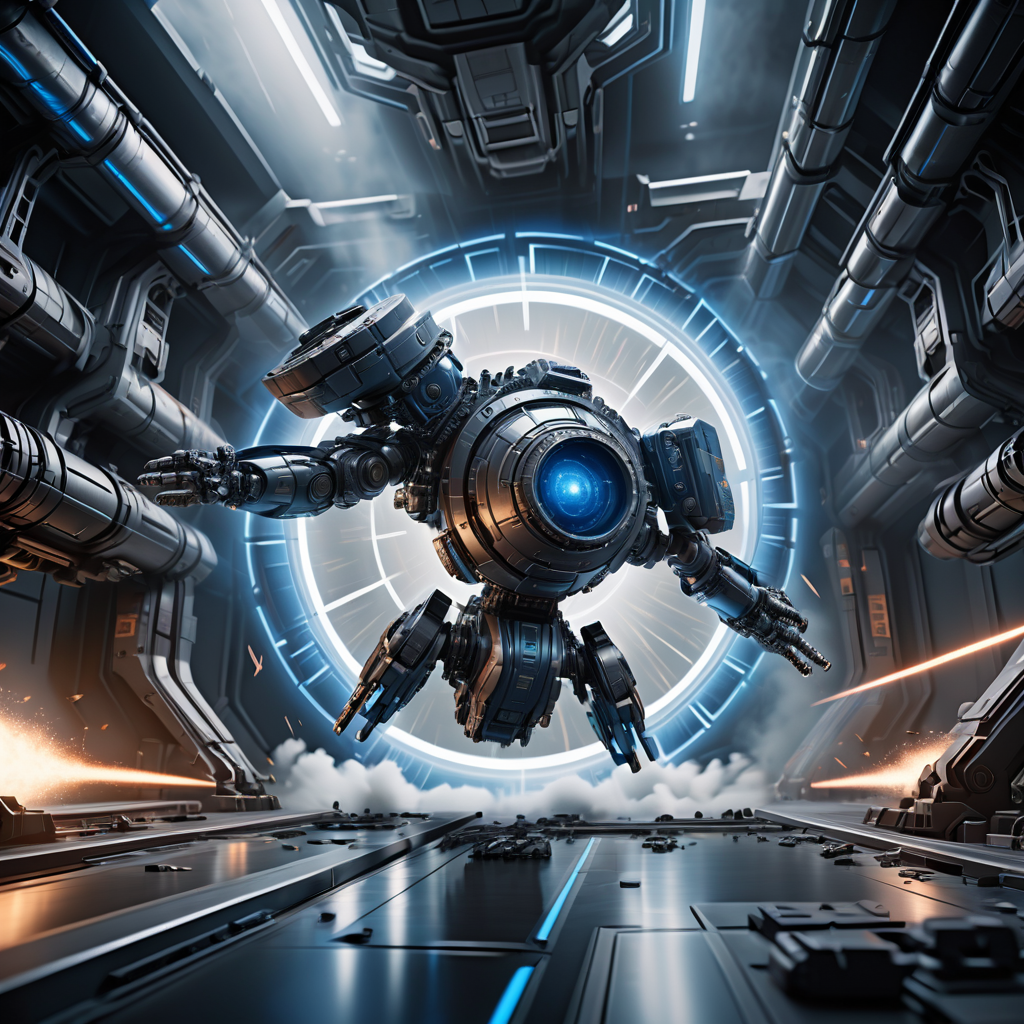 A futuristic mechanical structure in a high-contrast, photorealistic sci-fi environment with explosive action and dynamic lighting.