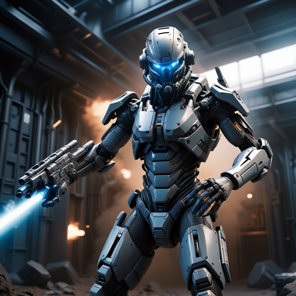 A futuristic exoskeleton warrior in a high-tech sci-fi environment.