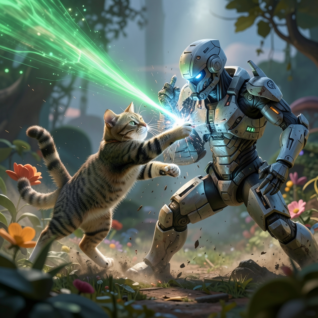 A cat and a robot in a dramatic battle scene with a fantastical background.