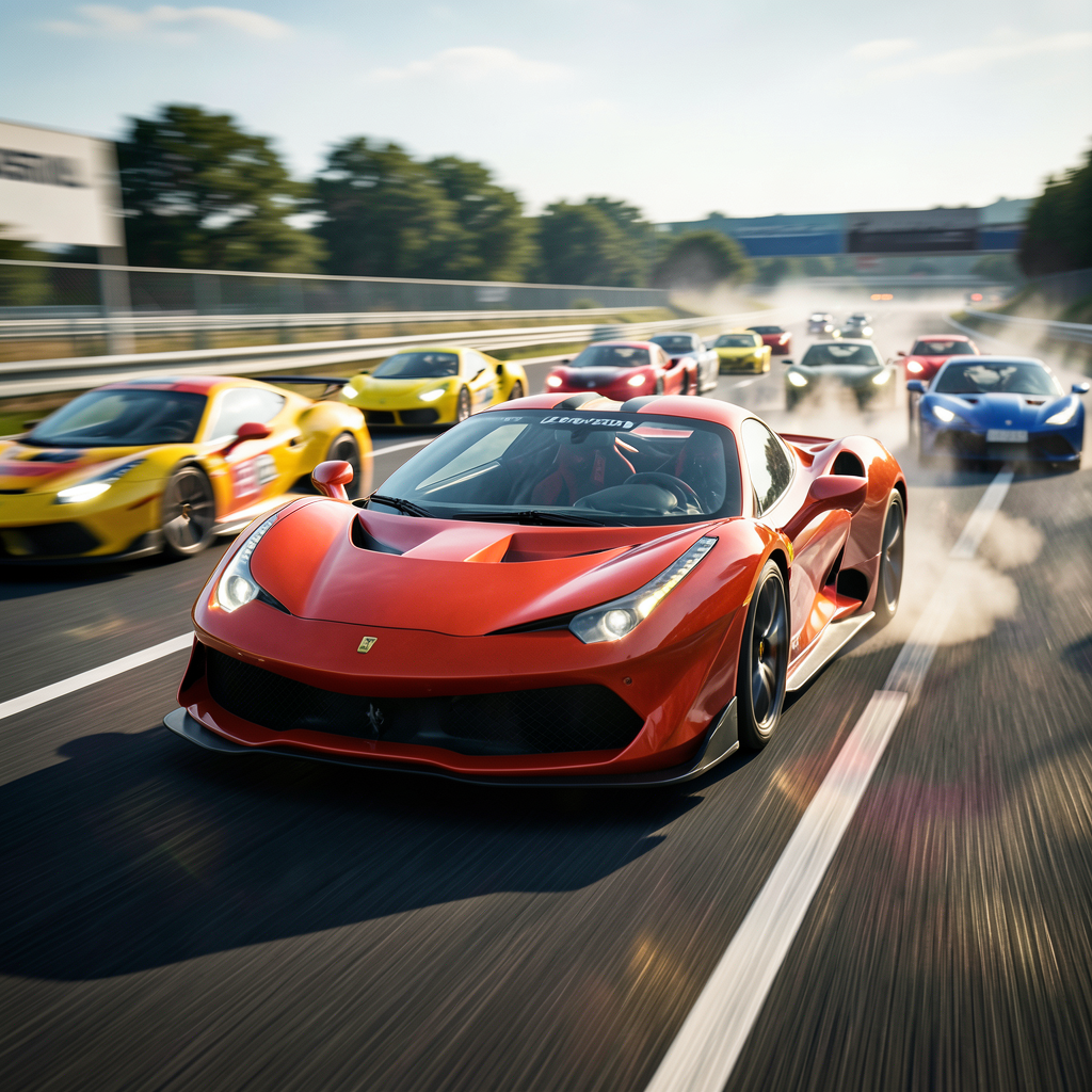 A Ferrari racing on a highway with motion blur and multiple surrounding cars in a competitive formation.