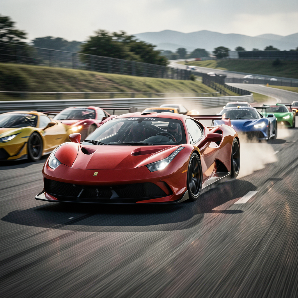 A Ferrari racing on a highway with multiple cars in a tight formation, captured with dynamic motion blur and photorealistic detail.