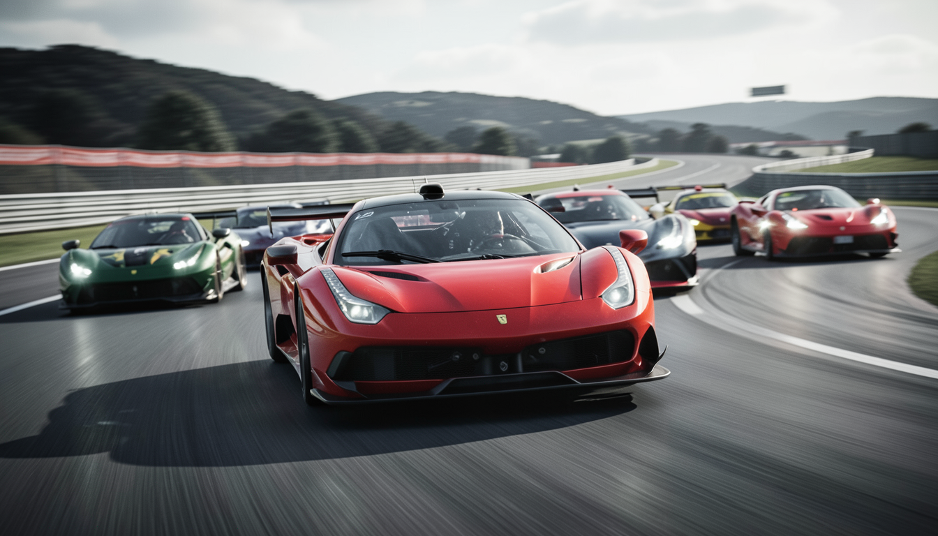 A Ferrari leading a high-speed race on a sweeping highway with multiple competitive cars in formation.