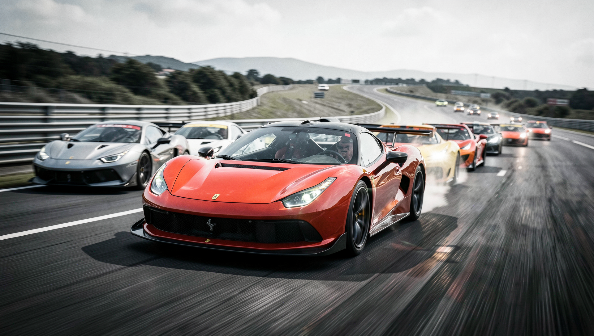 A Ferrari racing on a highway with multiple cars in a tight formation, captured with motion blur and cinematic depth of field.