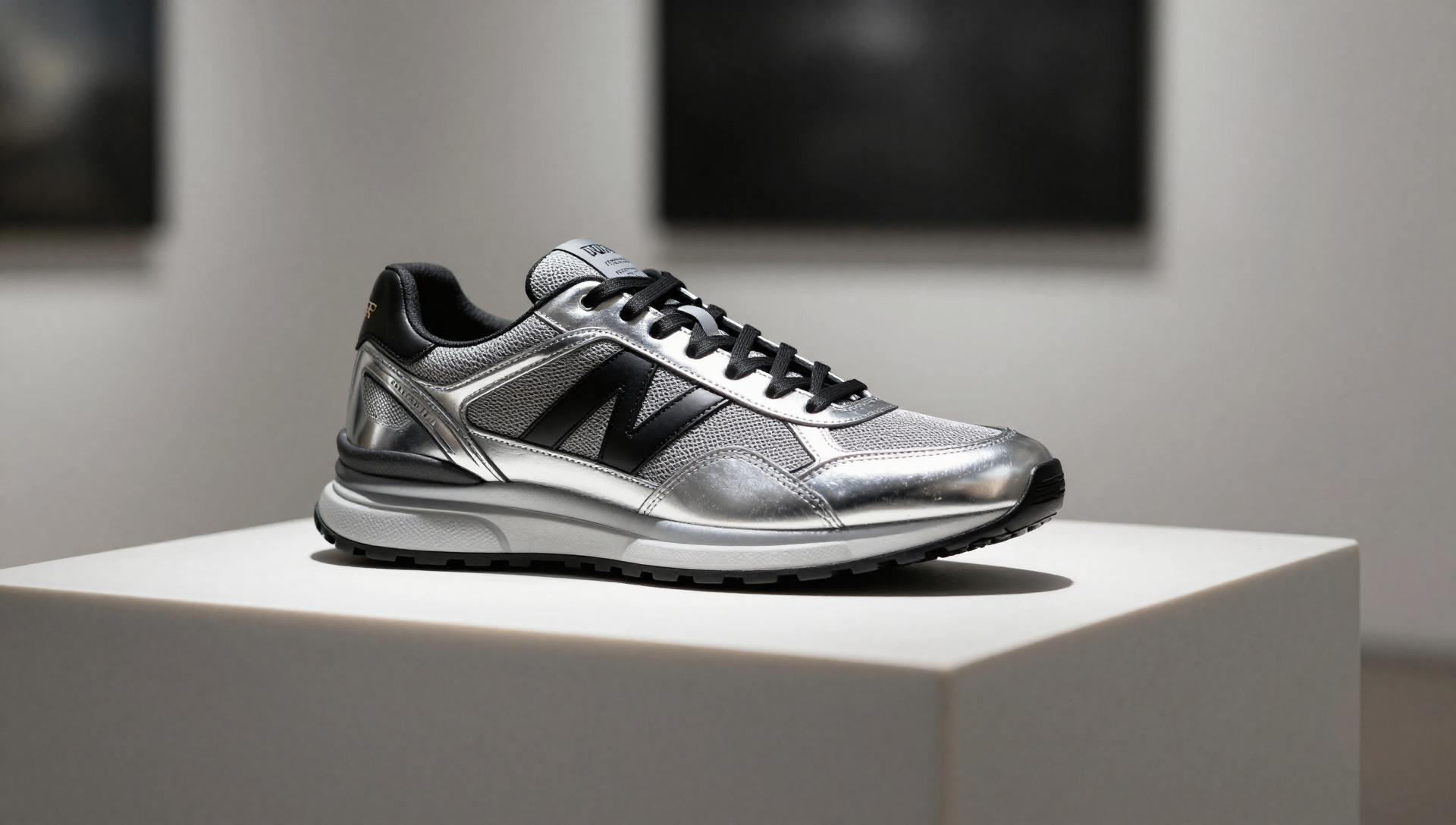 Luxury sneaker on white pedestal in art gallery