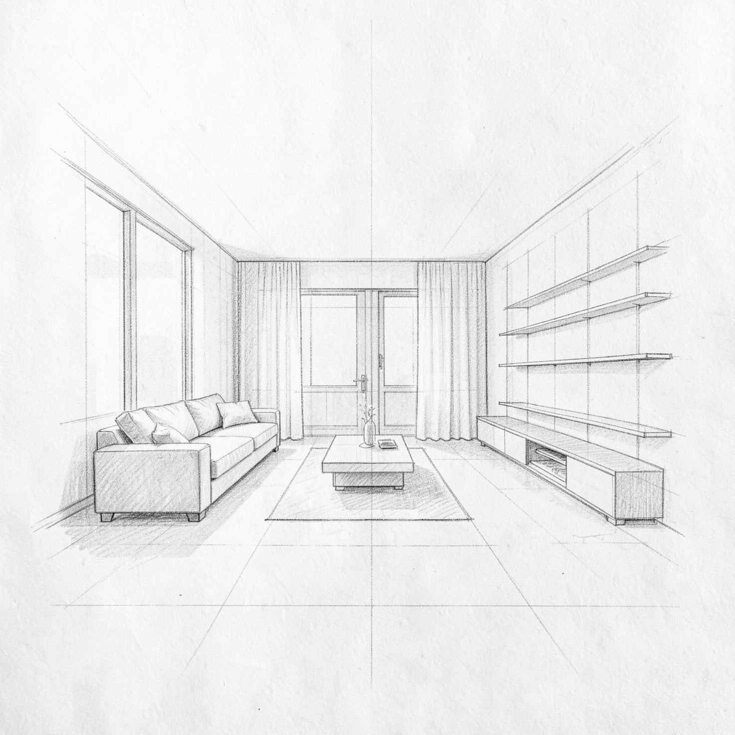 Hand-drawn architectural sketch of a modern living room interior
