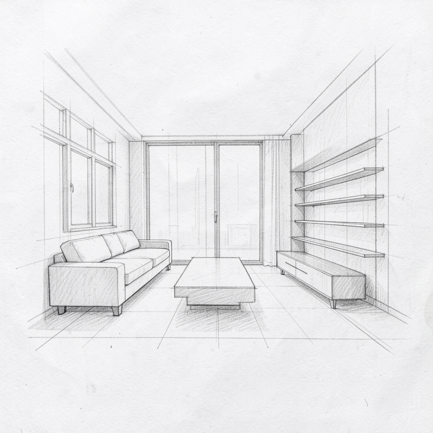 Hand-drawn architectural sketch of a contemporary living room interior