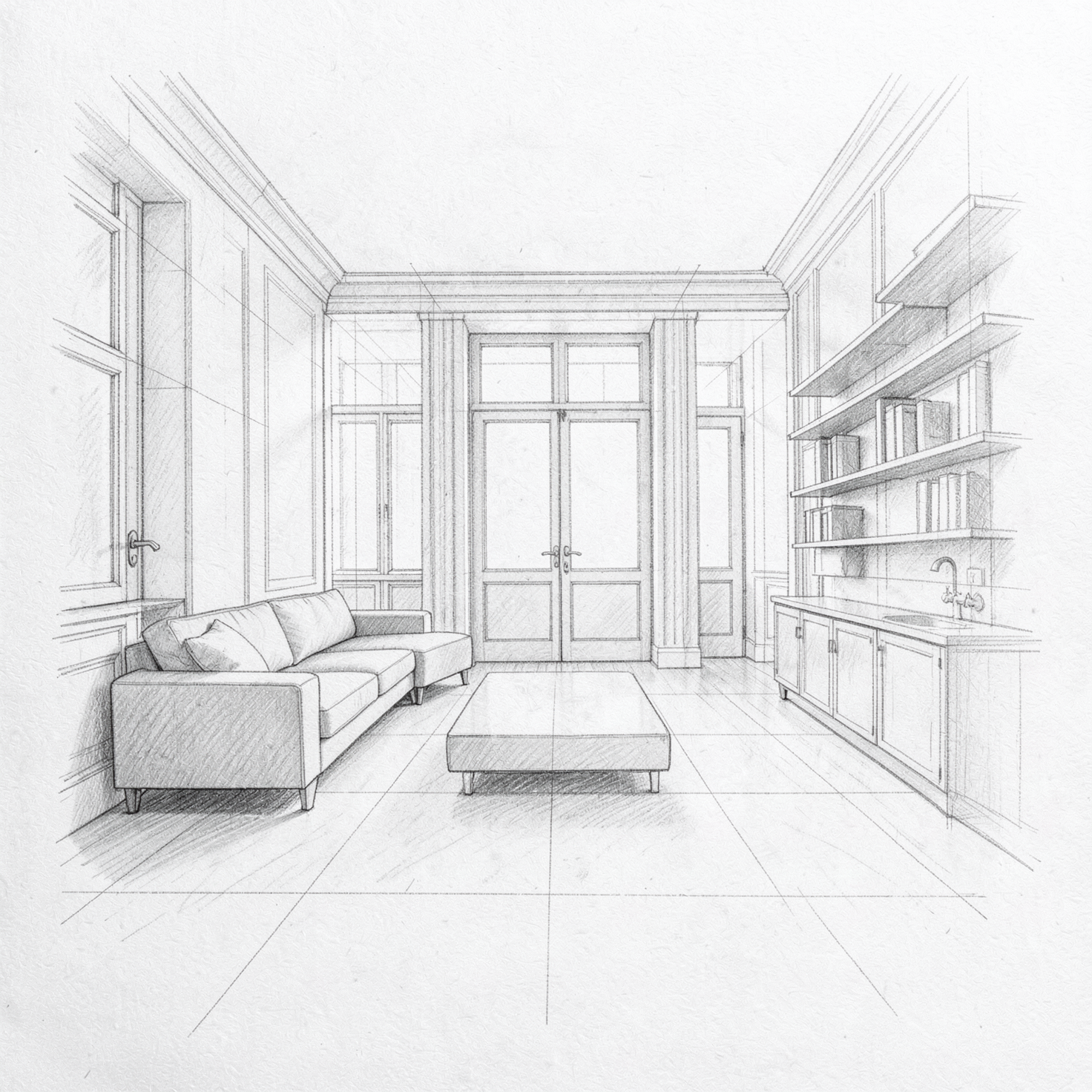 Hand-drawn architectural sketch of a contemporary Parisian living room interior