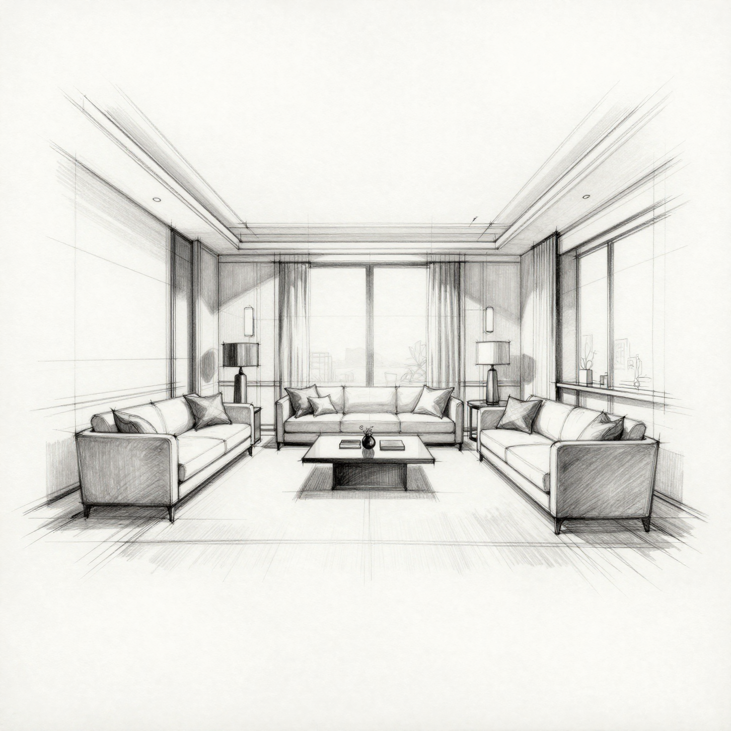 Hand-drawn architectural sketch of a Parisian luxury living room