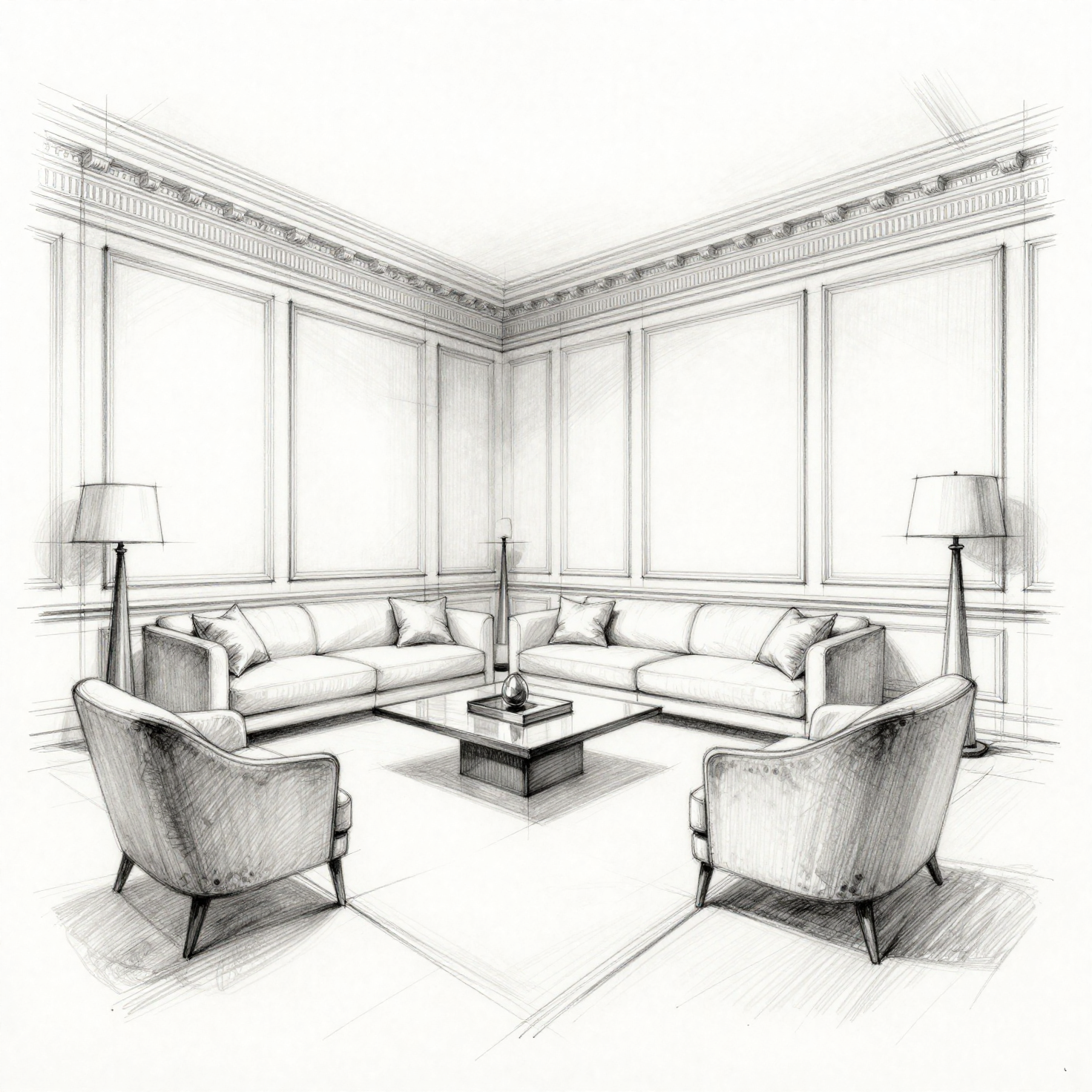 Hand-drawn architectural sketch of a Parisian living room with contemporary furniture and Haussmannian architecture.