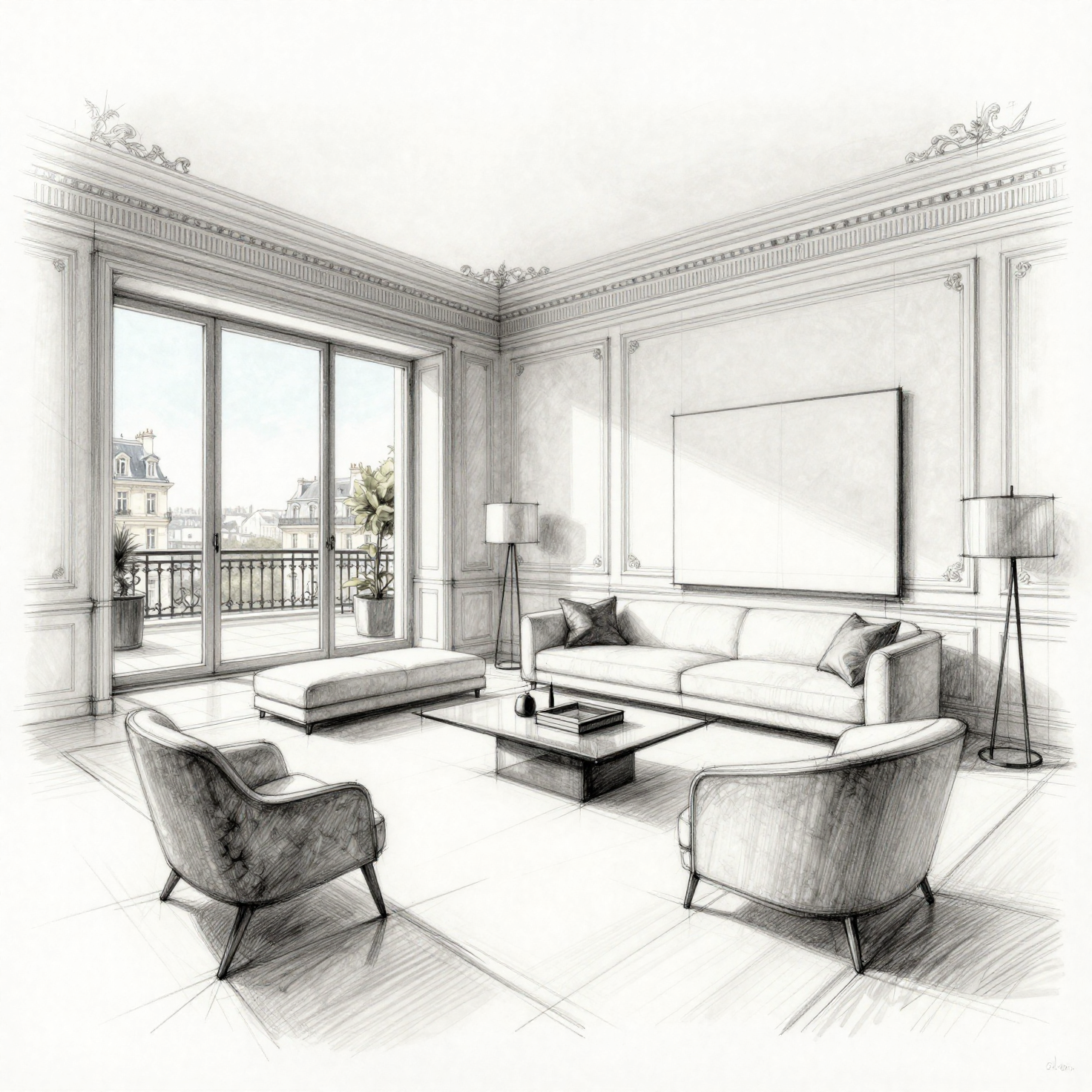 Hand-drawn architectural sketch of a Parisian living room with contemporary furniture and a city view.