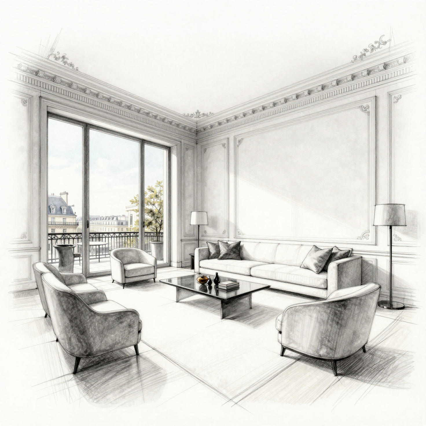Hand-drawn architectural sketch of a Parisian living room with contemporary furniture and classical details.