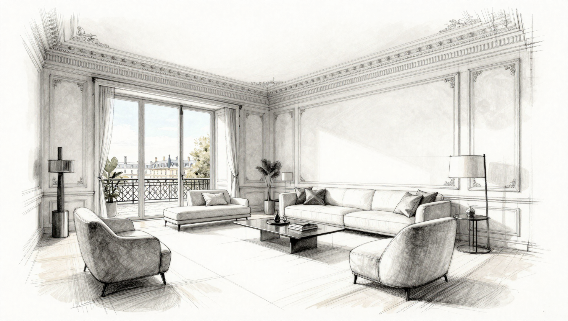 Hand-drawn architectural sketch of a contemporary Parisian luxury living room with high ceilings, Louis XVI mouldings, and a large window view of Paris.