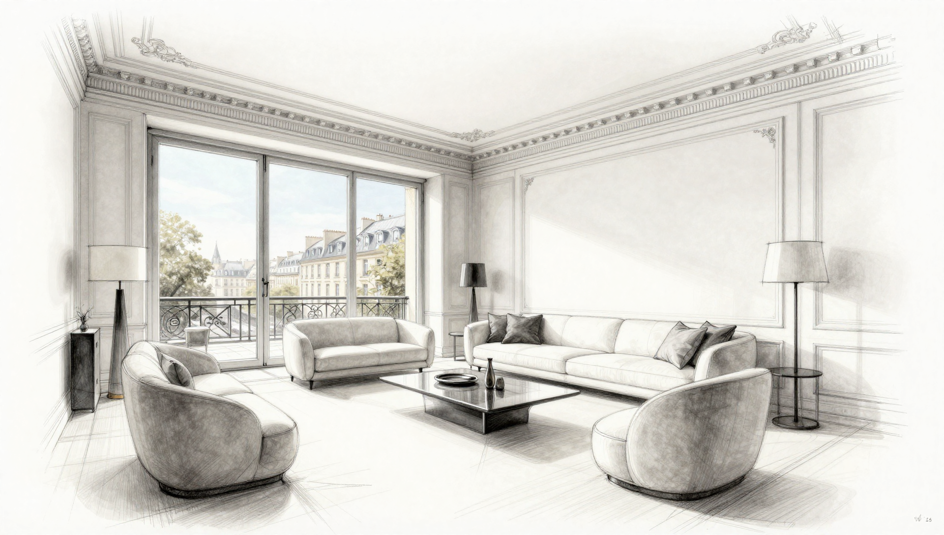 Hand-drawn architectural sketch of a modern Parisian living room with contemporary furniture and a view of Paris.