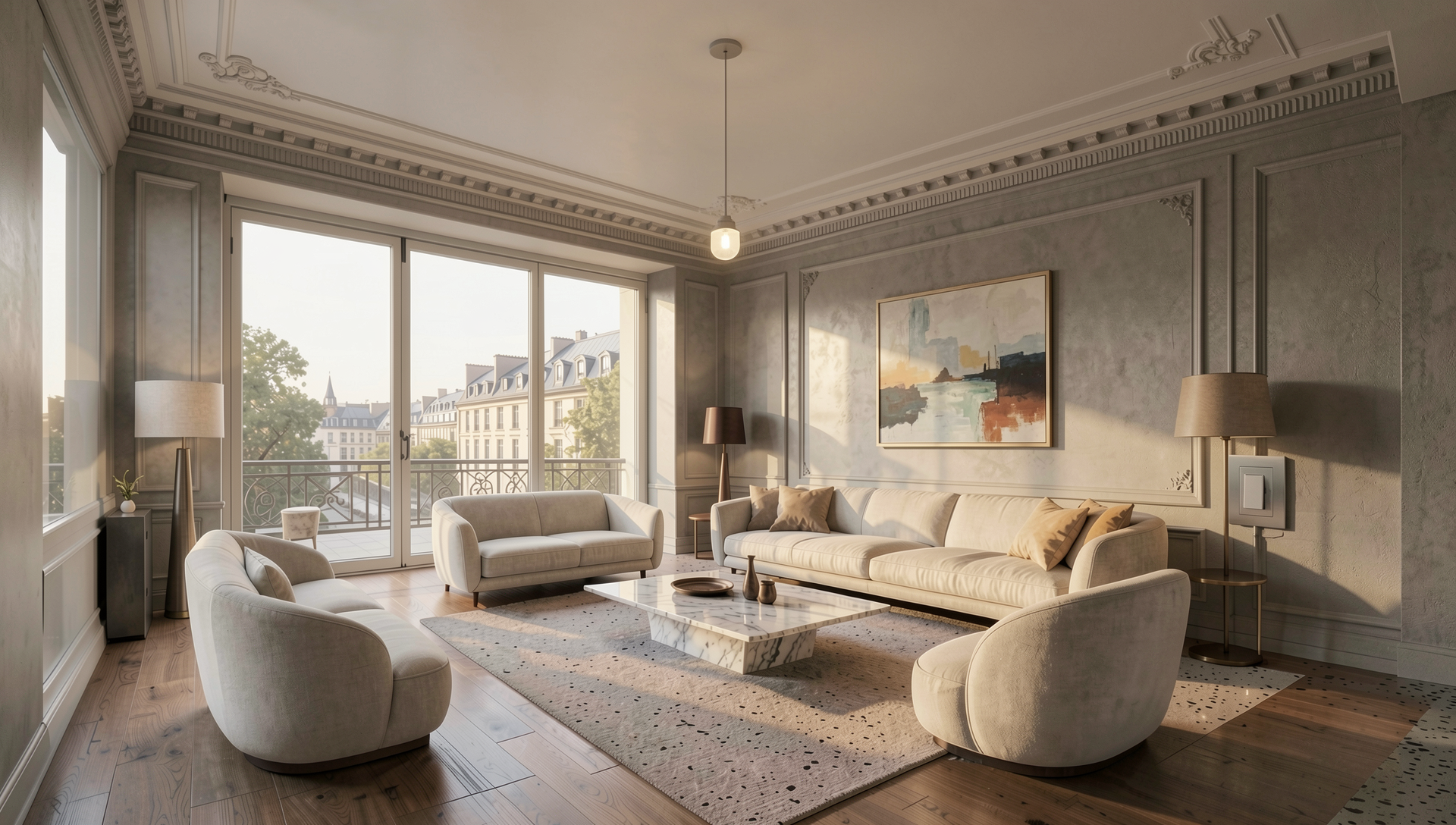 A modern living room with a large sofa, armchairs, and a marble coffee table, illuminated by natural light.