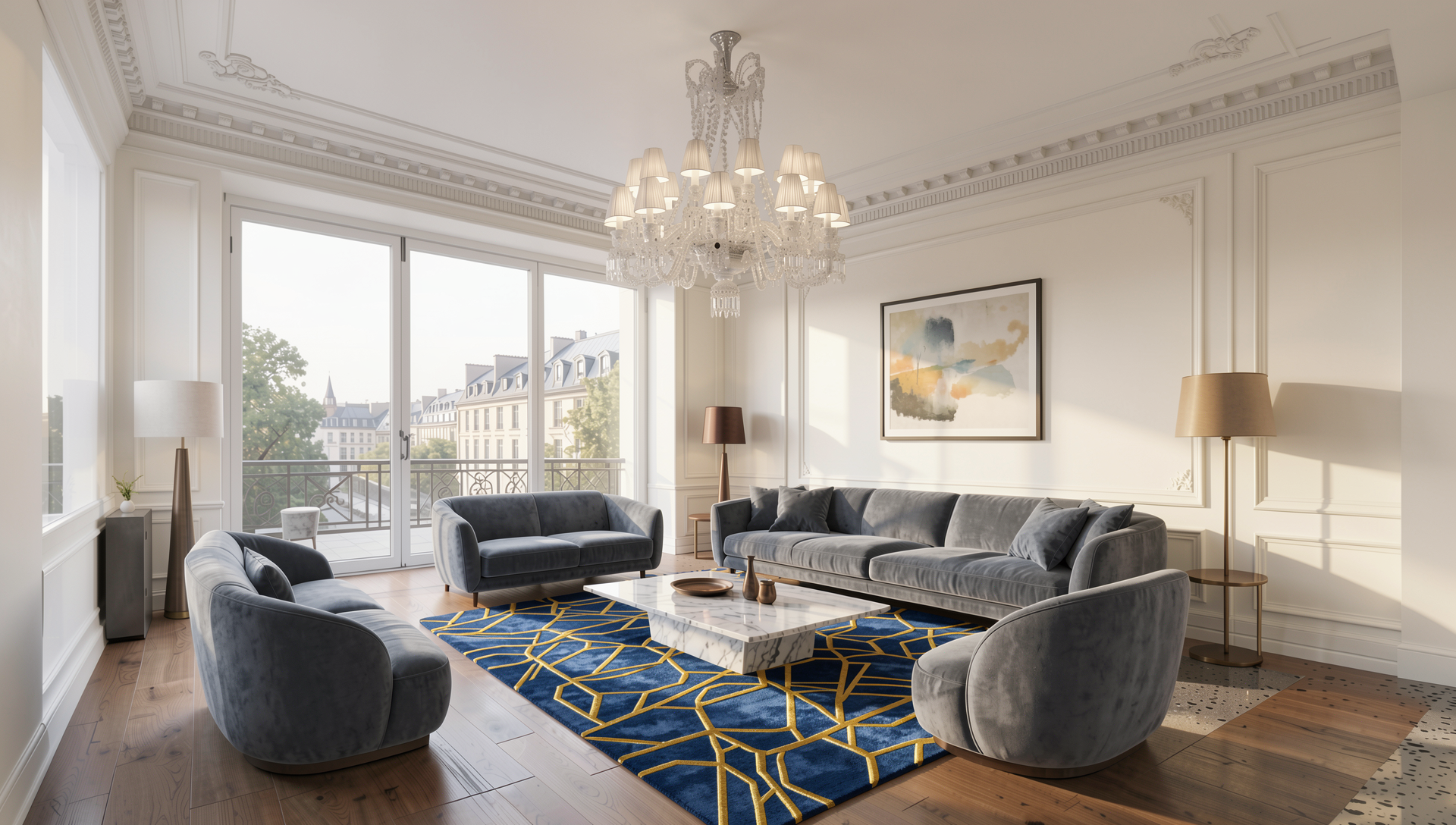 A modern living room with light beige walls, grey-blue velvet sofas, and a blue and gold geometric carpet.