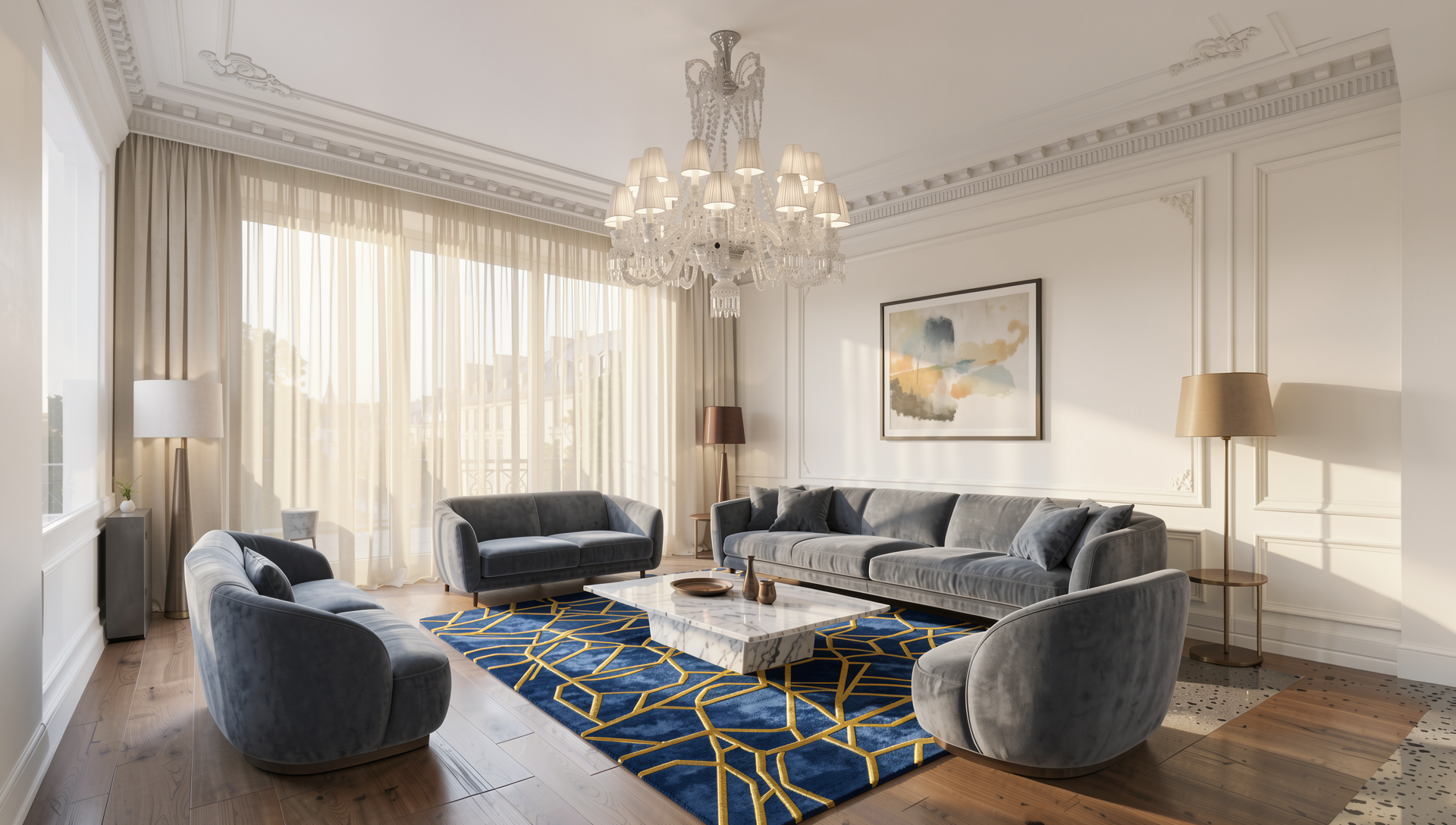 A modern living room with elegant curtains and a chandelier.