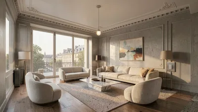 A modern living room with a large sofa, armchairs, and a marble coffee table, illuminated by natural light.