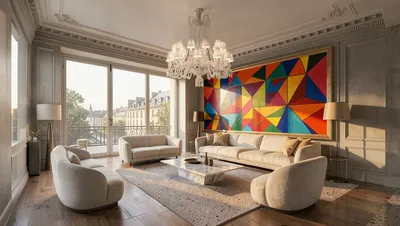 Luxurious living room with a large geometric painting and cream-colored furniture.