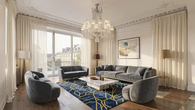 Elegant living room with floor-to-ceiling curtains and mid-century modern furniture.