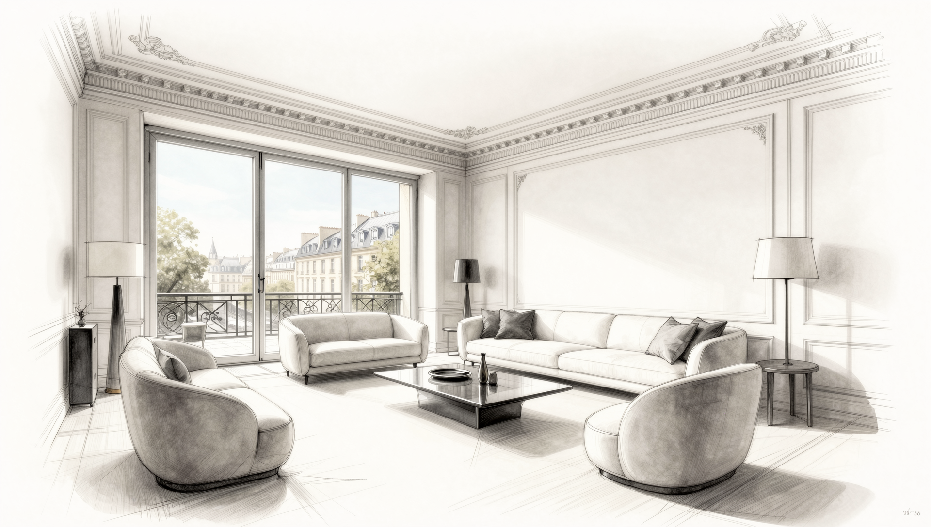 A modern living room with a large window and minimalist furniture.