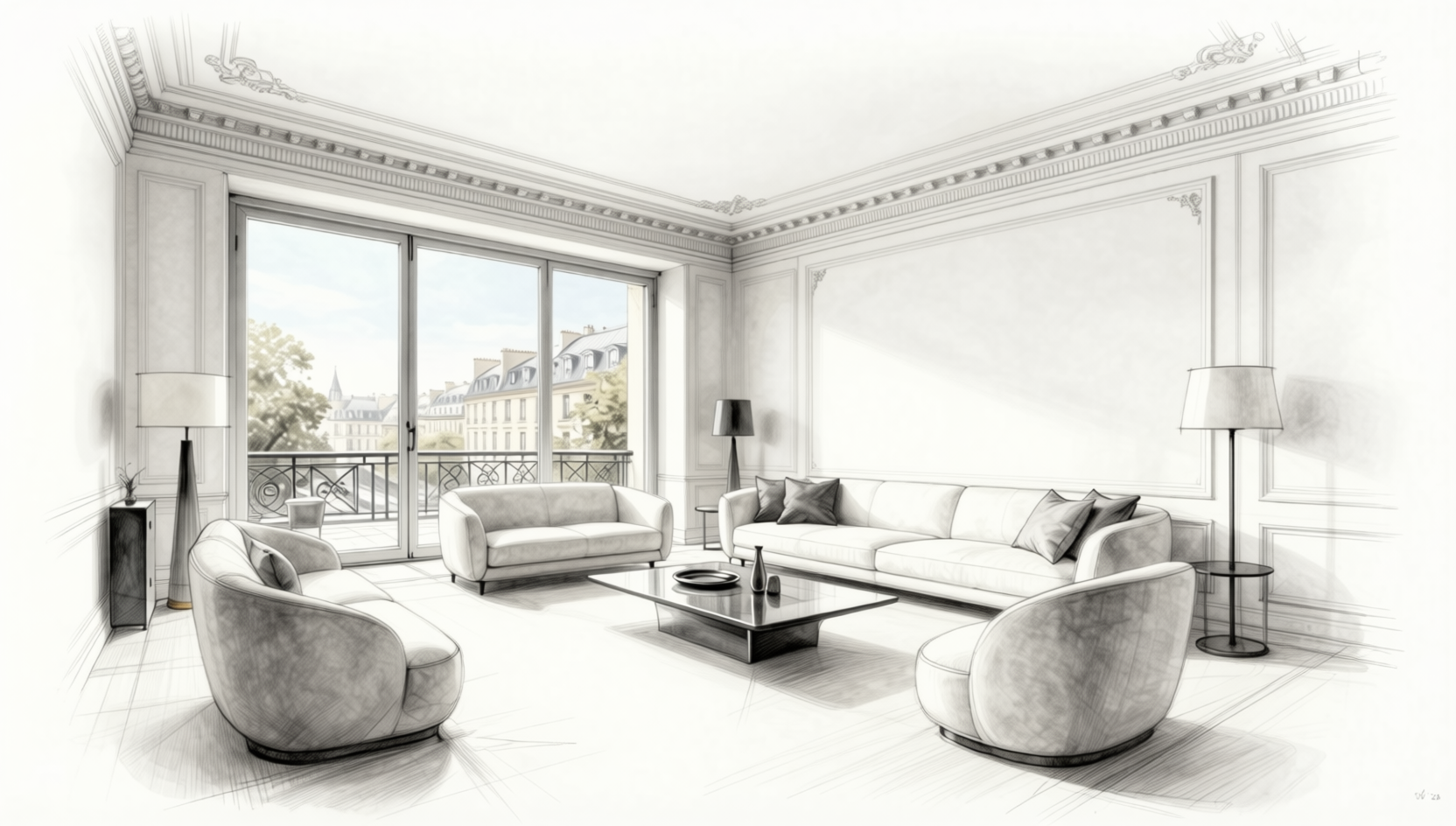 A modern living room with a large sofa, armchairs, and a coffee table, featuring large windows with an urban view.