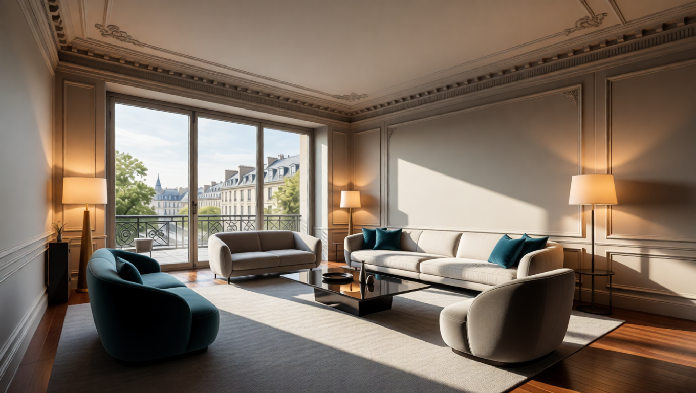Modern living room with plush furniture and natural light