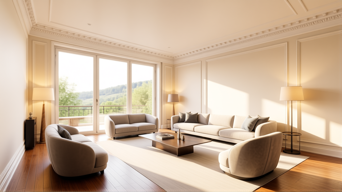 A modern living room with large windows, beige walls, and contemporary furniture.