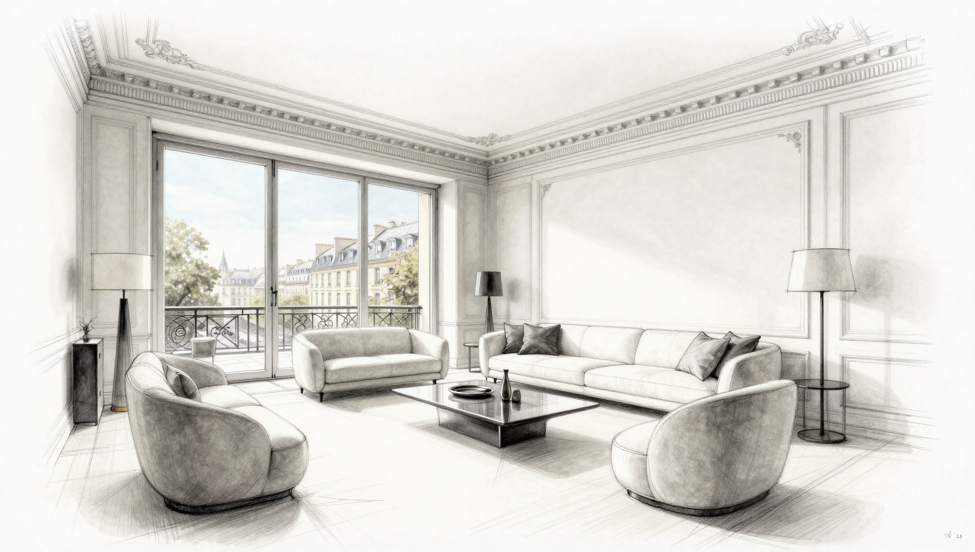 A pencil sketch of a modern living room with a large window and city view.
