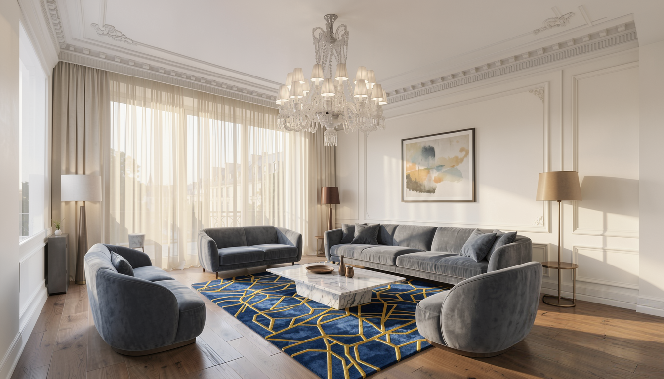 Luxurious living room with plush sofas, marble coffee table, and geometric rug