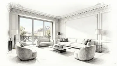A modern living room with a large sofa, armchairs, and a coffee table, featuring large windows with an urban view.