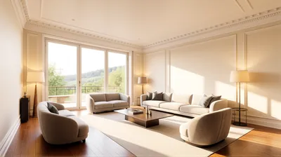 A modern living room with large windows, beige walls, and contemporary furniture.