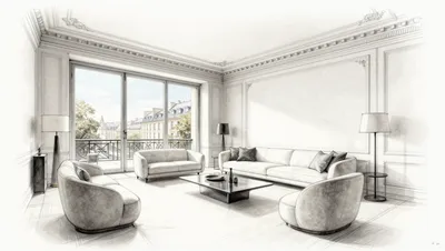 A pencil sketch of a modern living room with a large window and city view.