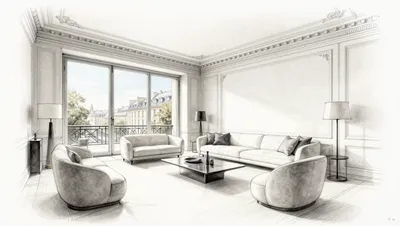 Modern living room with large window and city view