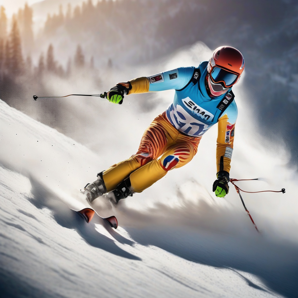 A ski racer in action on a snowy slope, wearing a vibrant competition suit and helmet, with snow spray and dramatic lighting.
