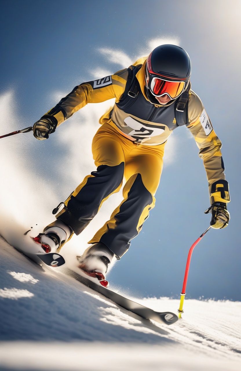 A professional ski racer mid-turn on a steep alpine slope, wearing a vibrant competition ski suit and helmet, with snow spray and dramatic shadows.