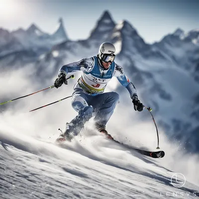 A skier in action on a snowy mountain slope with the Matterhorn or Mont Blanc in the background.