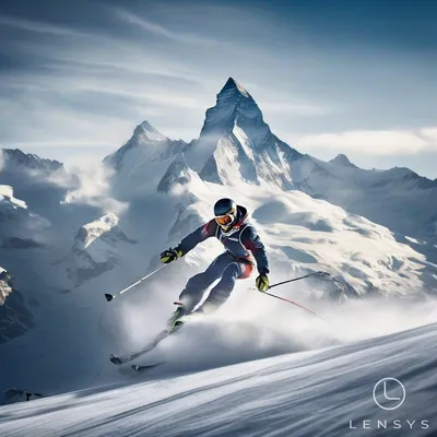 Professional skier mid-descent on a challenging alpine slalom course with the Matterhorn or Mont Blanc in the background.