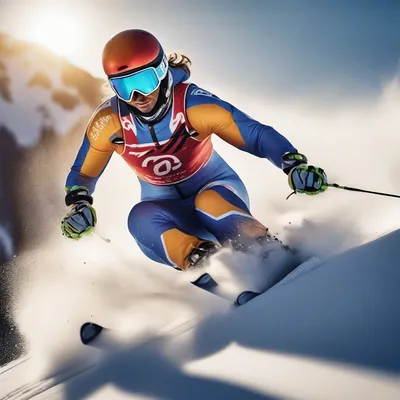A professional ski racer in action on a snowy slope during a high-speed slalom run.