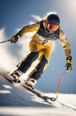 A professional ski racer mid-turn on a steep alpine slope, wearing a vibrant competition ski suit and helmet, with snow spray and dramatic shadows.
