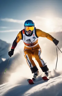 Professional ski racer in action on a snowy slope, wearing a vibrant competition suit and helmet, with golden hour lighting and dramatic shadows.