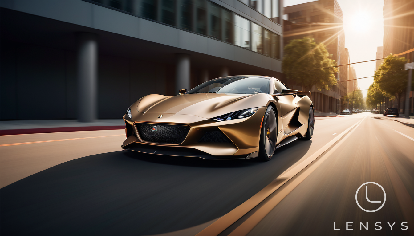 A sleek, modern car in golden hour lighting, emphasizing its aerodynamic design and elegant lines.