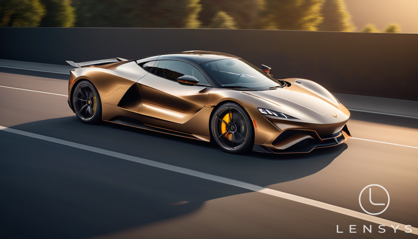 A sleek, modern car in golden hour lighting, emphasizing its elegant aerodynamic design.