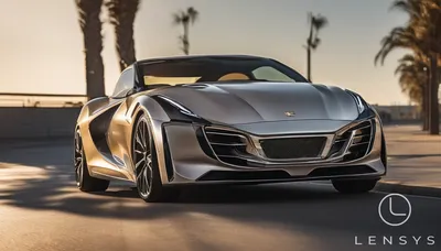 A futuristic sports car in golden hour lighting, emphasizing its sleek design and metallic finish.