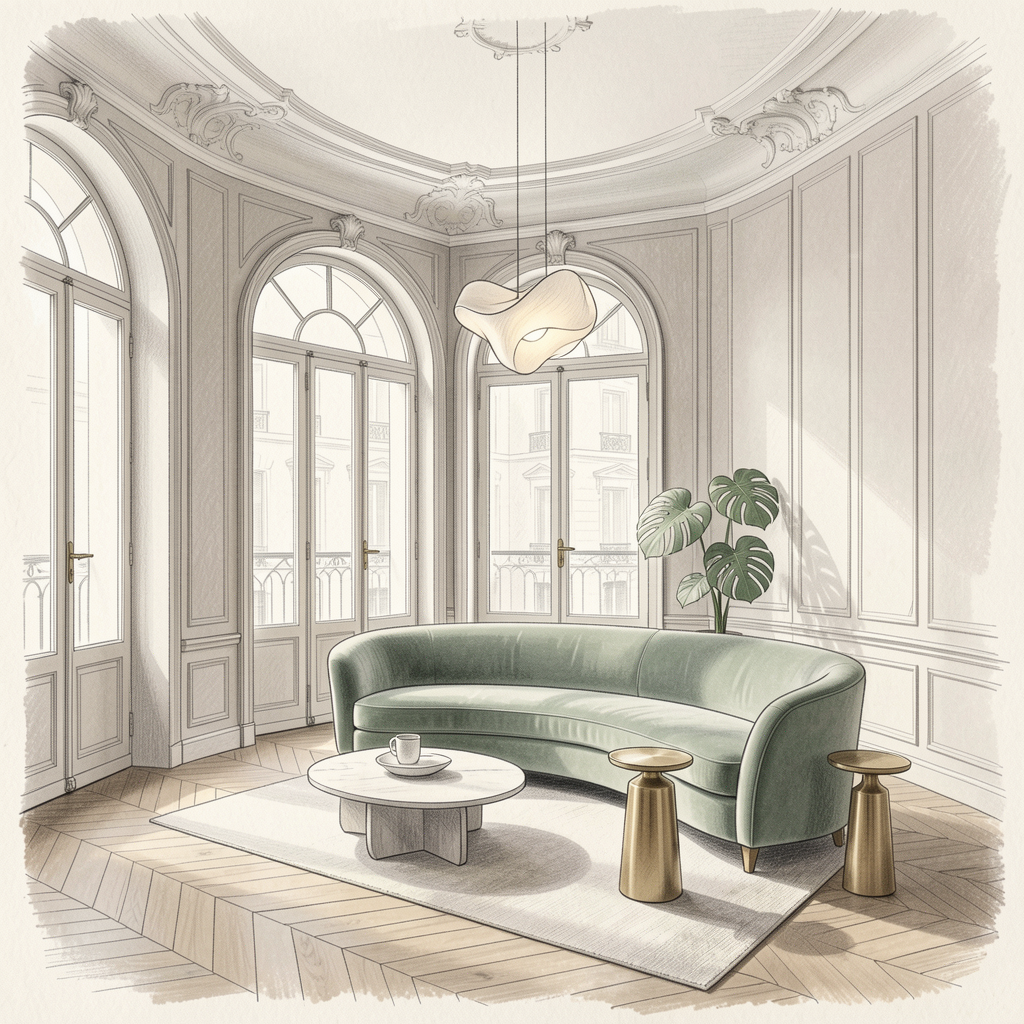 A hand-drawn architectural interior sketch of a contemporary Parisian living room with a curved sofa, brass side tables, and a monstera plant.