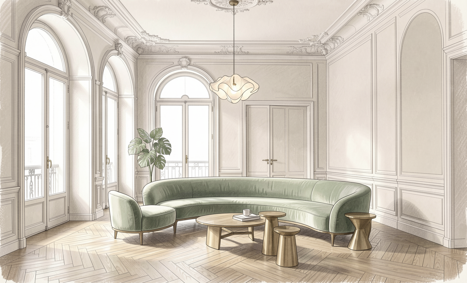 A hand-drawn architectural interior sketch of a contemporary Parisian living room with soft graphite textures and precise linework.