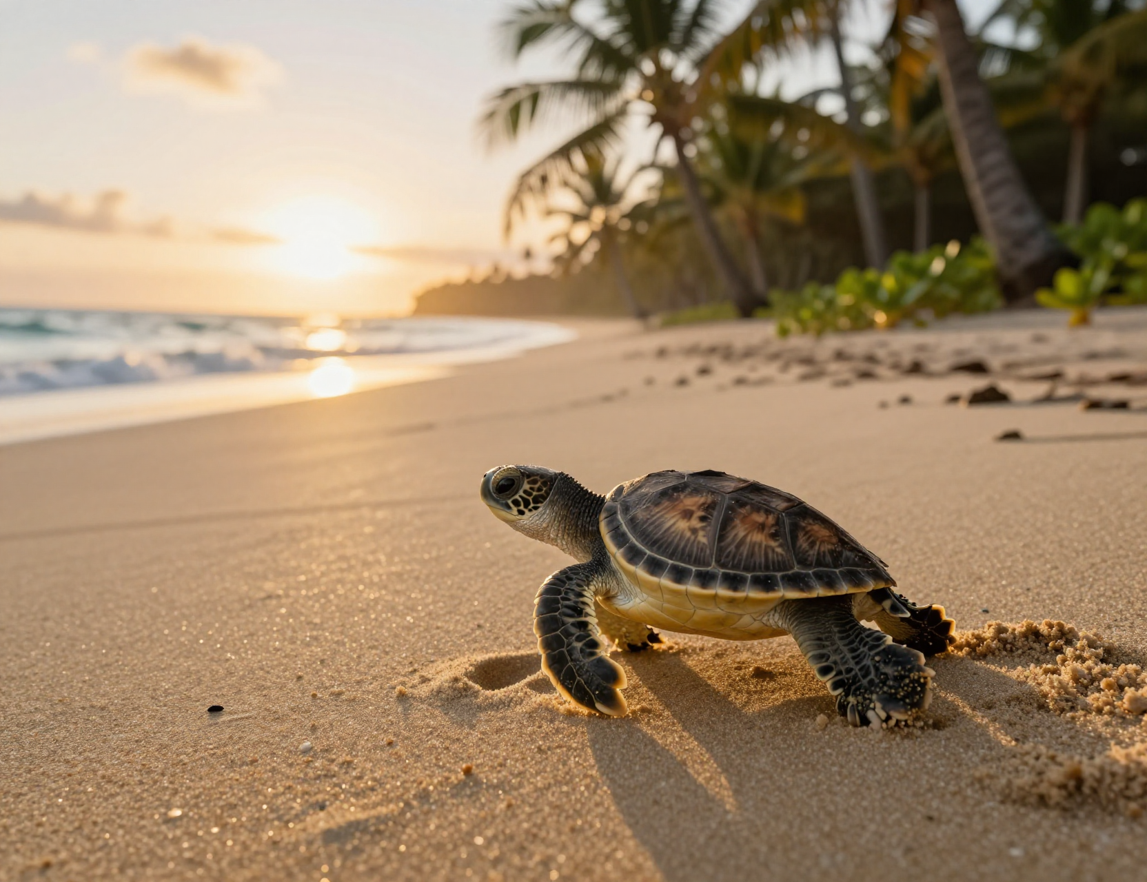 A baby turtle walking on a sandy beach at sunset, with palm trees and ocean waves in the background.