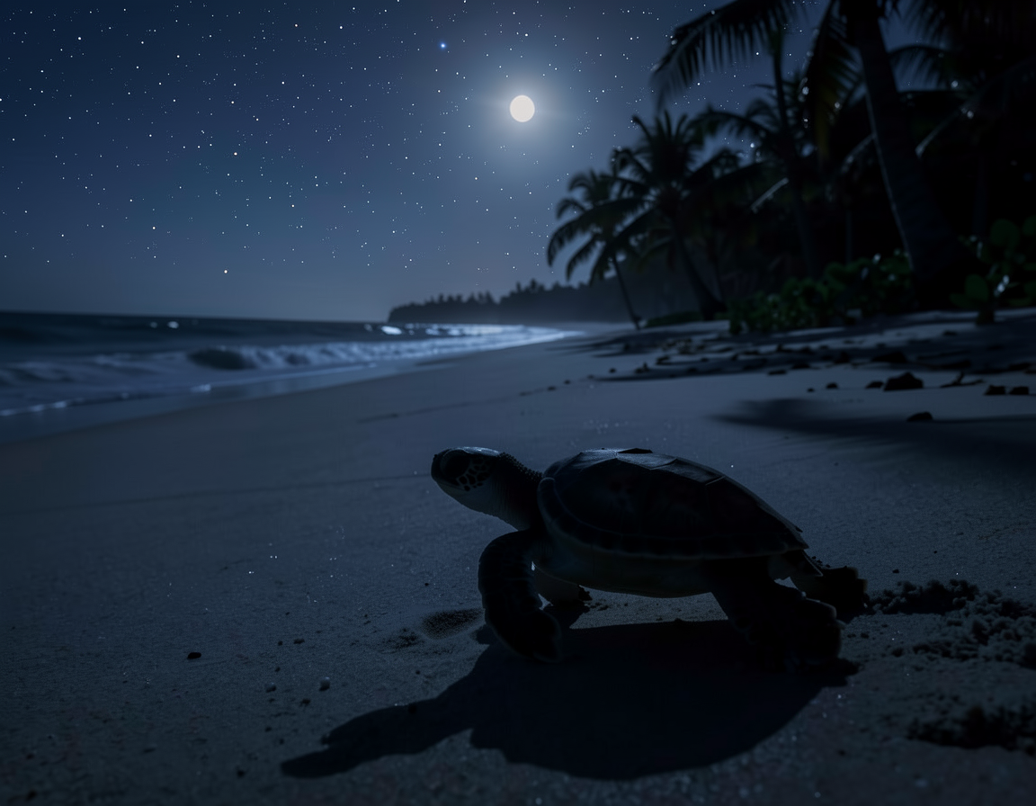 A baby turtle on a moonlit beach with palm trees and stars in the sky.